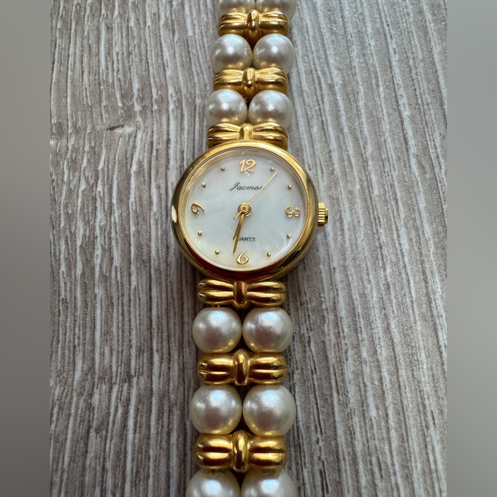 Vintage Gold and Pearl Jacmor Watch Chic Elegant Classy Costume Old Money
